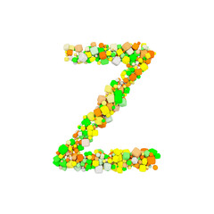 Alphabet letter Z uppercase. Funny font made of orange, green and yellow shape cube. 3D render isolated on white background.