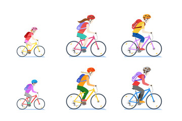 Fototapeta premium Cycling family isolated on white background. Vector flat style cartoon illustration of mom, dad and child riding bikes