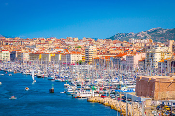 Obraz premium Aerial view of old Vieux port and coast in Marseille, France