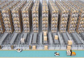 Front view of modern Automated Logistics Center's interior. AGV and autonomous forklift carrying goods. Concept for automated logistics solution.