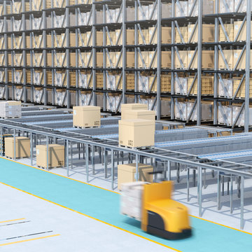 Modern Automated Logistics Center's interior. AGV and autonomous forklift carrying goods. Concept for automated logistics solution.