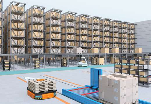 Modern Automated Logistics Center's interior. AGV and autonomous forklift carrying goods. Concept for automated logistics solution.