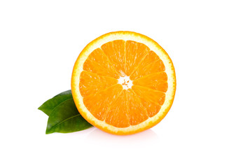 half cut fresh Navel orange with leaf on white background