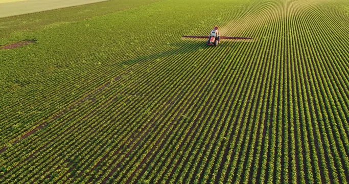 Aerial drone shot of a farmer spraying soybean fields