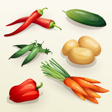 Set of various fresh vegetables including chili and bell peppers, cucumber, green peas, potatoes and carrots.