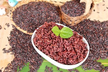 cooked black rice and raw organic riceberry rice