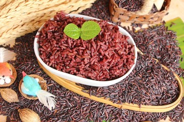 cooked black rice and raw organic riceberry rice