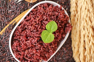 cooked black rice and raw organic riceberry rice