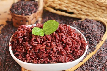 cooked black rice and raw organic riceberry rice