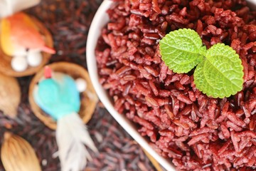 cooked black rice and raw organic riceberry rice