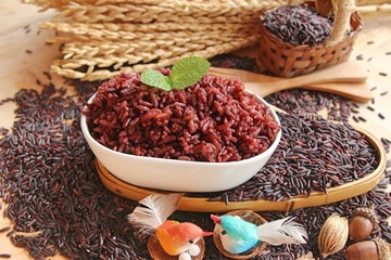 cooked black rice and raw organic riceberry rice