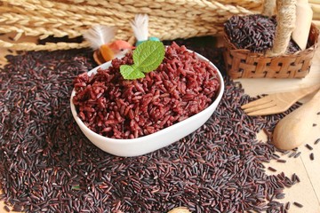 cooked black rice and raw organic riceberry rice