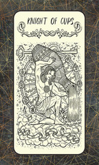 Knight of cups. Minor Arcana tarot card. The Magic Gate deck. Fantasy engraved illustration with occult mysterious symbols and esoteric concept, vintage background
