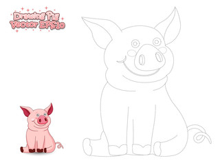 Drawing the Cute Cartoon Pig and Color. Educational game for Kids. Vector illustration