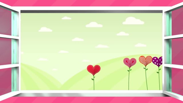 Feliz Dia de la Madre - Happy Mother's Day in Spanish language - greeting card. Field of flowers in the shape of a heart inside a white window on a pink background. Sequence with copy space