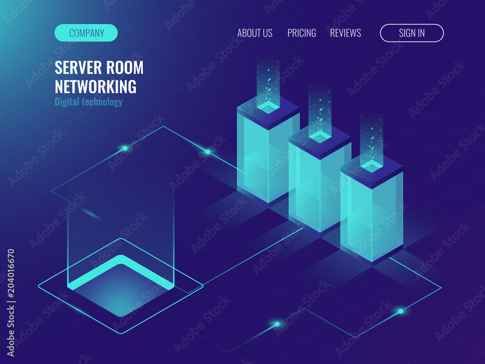 Poster server room banner, web hosting and processing of big data concept, ultraviolet isometric vector ill