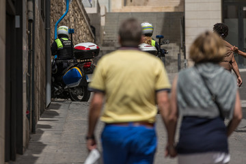 Tourists meet with police making a round trip on the streets of europe