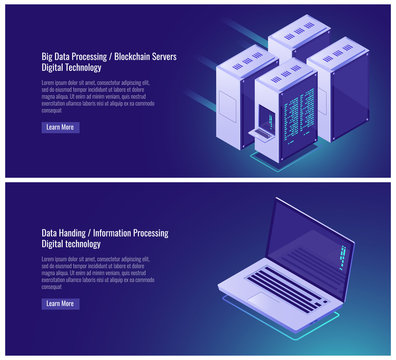 Big data processing, blockchain, digital technology, server room rack, isometric laptop vector illustration on ultraviolet background