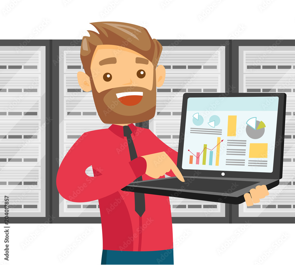 Poster white it engineer in server room with a computer in hands and servers on the background. concept of 