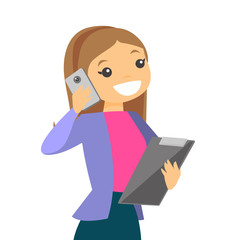 White businesswoman negotiating on smartphone. Businesswoman holds folder for papers and speaks smartphone. Vector cartoon illustration isolated on white background.