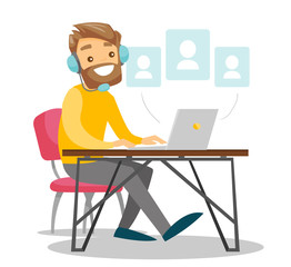 A white man in headset with a computer at the desk. Making contacts in social media. Concept of work, office, internet, network, conference. Vector cartoon illustration isolated on white background.