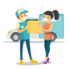 A white man courier delivers a boxed package to a woman. Courier service, delivery and transportation concept. Vector cartoon illustration isolated on white background.