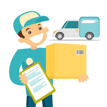 A white man courier delivers a package. There are box and papers to sign in courier hands. Delivery and transportation concept. Vector cartoon illustration isolated on white background.