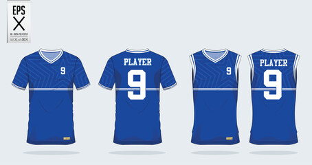 Blue Star t-shirt sport design template for soccer jersey, football kit and tank top for basketball jersey. Sport uniform in front and back view. Tshirt mock up for sport club. Vector Illustration.