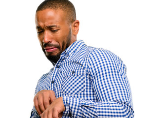 African american man with beard disgusted and angry, keeping hands in stop gesture, as a defense, shouting isolated over white background