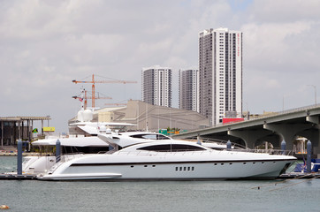 Fototapeta premium Luxury motor yachts moored at a marina near downtown Miami,Florida with tall buildings and tower cranes in the background.