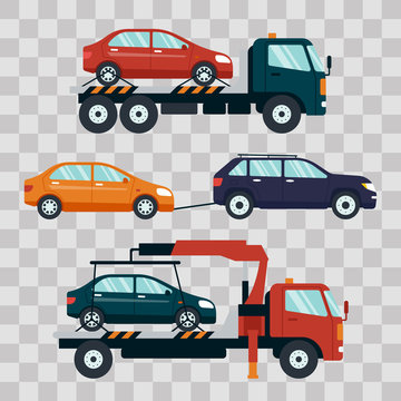 Set of cars evacuating broken or damaged auto on transparent background. Evacuator carrying car to the parking lot. Repair service vector illustration