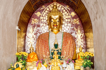 Old vintage stone buddha in the old temple north Thailand Myanmar style, The beauty place are landmark in Thailand 