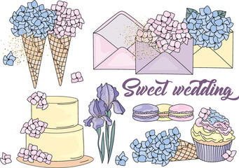 Wedding Clipart SWEET WEDDING Color Vector Illustration Magic Beautiful Picture Paint Drawing Set Scrapbooking Baby Book Glitter Greeting Print Card Album Digital Paper Seamless Pattern Birthday