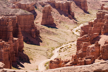 Charyn Canyon top view - geological formation consists of amazing big red sand stone. Charyn National Park. Kazakhstan.