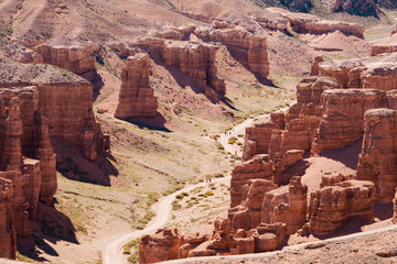 Charyn Canyon top view - geological formation consists of amazing big red sand stone. Charyn National Park. Kazakhstan.