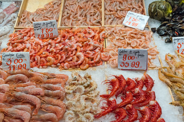 Several types of prawns for sale at a market in Madrid, Spain