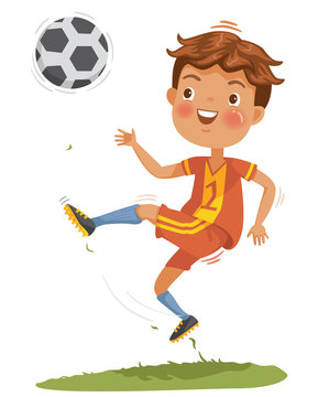 Boy Soccer Children Playing Soccer In A Football Uniform. Boys With Soccer Ball Do Kick On The Lawn. The Health And Potential Of Children. Vector Cartoon Illustrations Isolated On White Background.