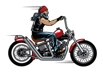 Naklejka na ściany i meble old man biker riding chopper motorcycle