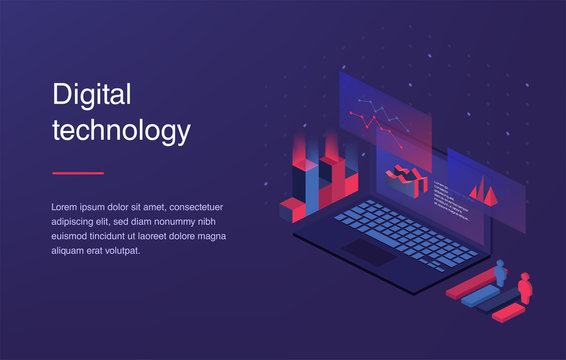 Augmented reality concept. Smart city technology. Landing page template. Web banner with laptop and currency. Isometric gradient style. Home page concept. UI design mockup.