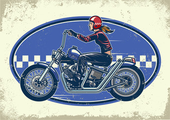 lady biker ride chopper motorcycles with vintage texture