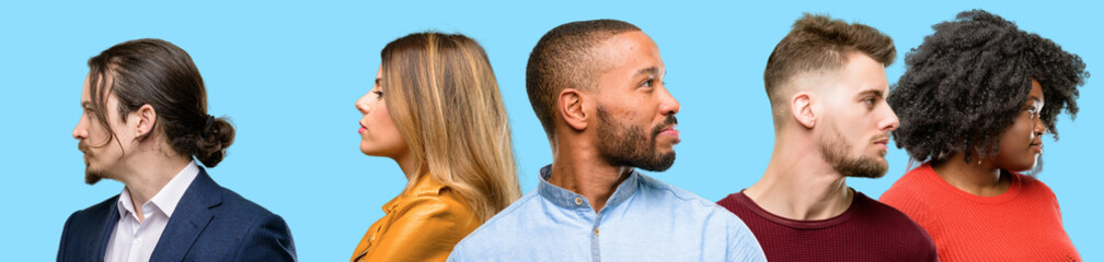 Group of mixed people, women and men side view portrait