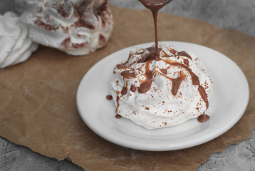 Cheese Cake with Caramel Sauce Isolated Caramel Sauce over Brown Paper with Spoon Sweet Sugar Dessert