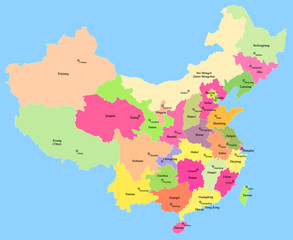 Map of China showing provinces, capitals isolate on blue background