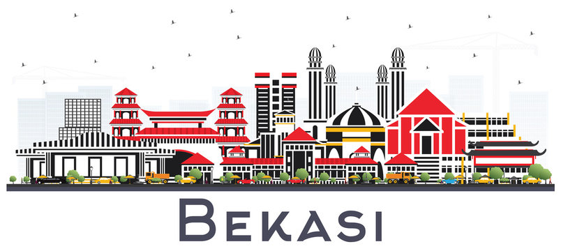 Bekasi Indonesia City Skyline with Color Buildings Isolated on White.