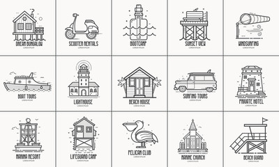 Beach resort logo and labels collection. Seaside town places and infrastructure icons for tourist travel agency UI applications. Summer sea vacation icon set in line art. Logotype templates.