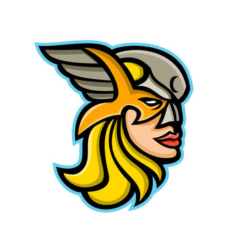 Mascot icon illustration of head of a valkyrie or valkyrja, a female warrior in Norse mythology viewed from front on isolated background in retro style.