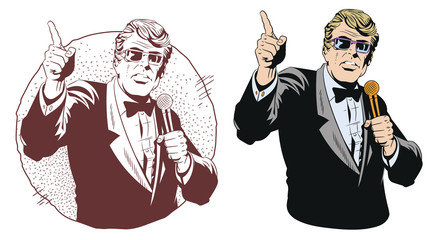 Smiling man in glasses with microphone presenting product. Stock illustration.