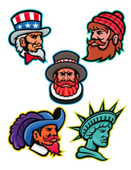 Mascot icon illustration set of heads of American and British mascots such as Uncle Sam, Paul Bunyan lumberjack, Beefeater or Yeoman, Cavalier or Musketeer and Lady Liberty or Libertas on isolated bac