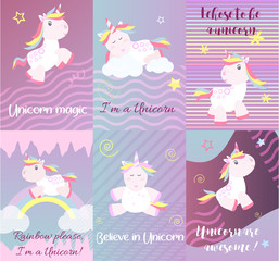 Cute unicorn cards magic baby vector