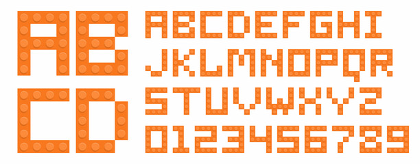 Orange brick toys alphabet with numbers isolated on white background